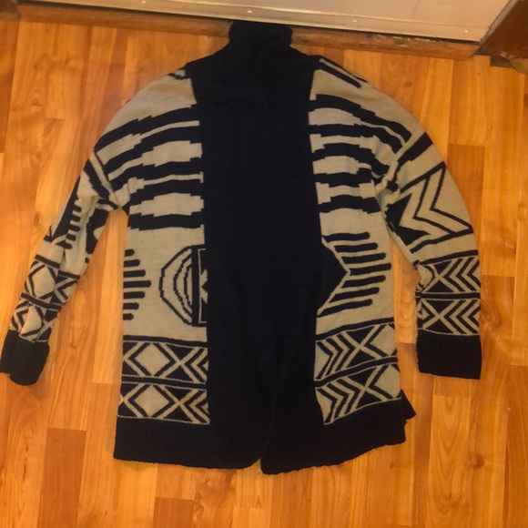 Say What Navy Blue/ Tan Patterned Cardigan - Picture 1 of 3